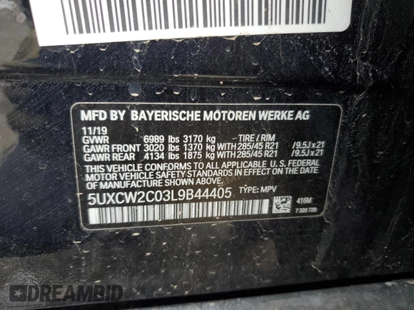 2020 BMW X7 xDrive40i with VIN 5UXCW2C03L9B44405, listed as a Copart auction lot 86332544 with 0 mi miles and Salvage Title. Bid and sale history available at carsss.com. Image 13.