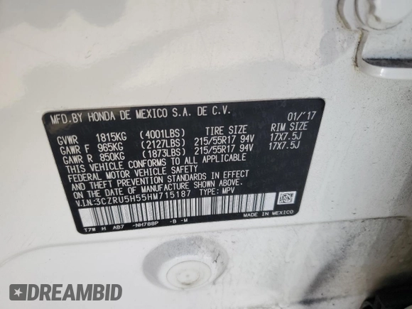 2017 Honda HR-V EX with VIN 3CZRU5H55HM715187, listed as a Copart auction lot 47923585 with 137,875 mi miles and Salvage Title. Bid and sale history available at carsss.com. Image 13.