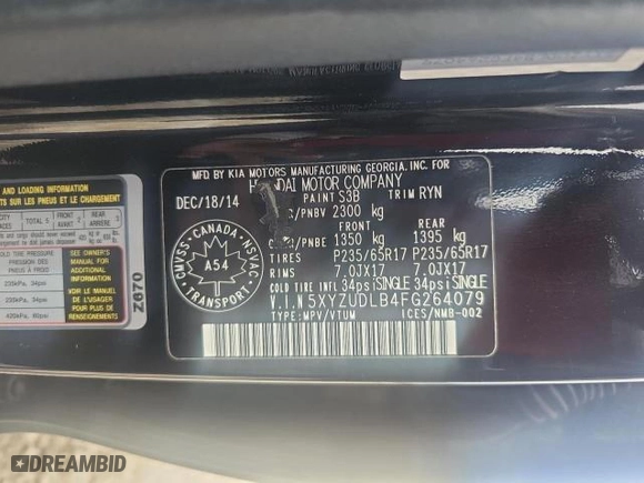 2015 Hyundai Santa Fe Sport with VIN 5XYZUDLB4FG264079, listed as a Copart auction lot 52923605 with 156,266 mi miles and Clean Title. Bid and sale history available at carsss.com. Image 10.