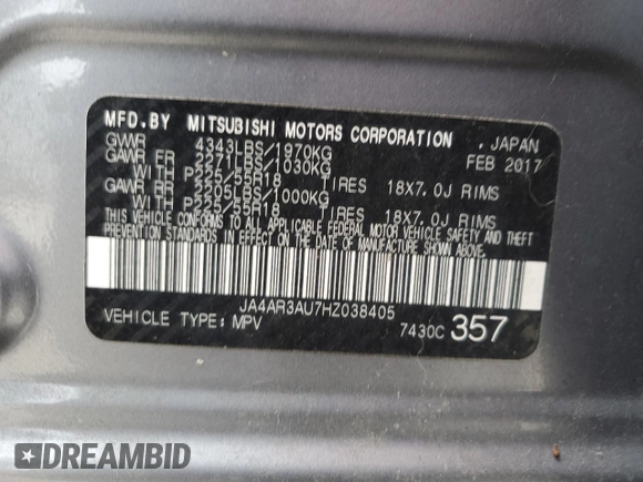 2017 Mitsubishi Outlander ES with VIN JA4AR3AU7HZ038405, listed as a Copart auction lot 58776075 with 172,089 mi miles and Salvage title. Bid and sale history available at DreamBid. Image 13.
