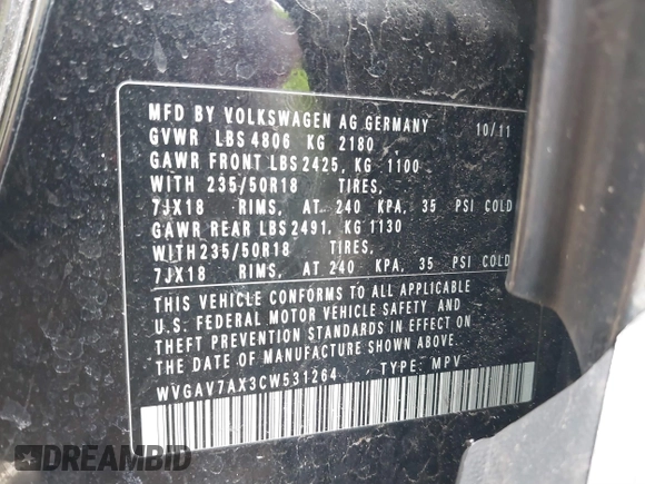 2012 Volkswagen Tiguan SE with VIN WVGAV7AX3CW531264, listed as a IAAI auction lot 41651242 with 190,669 mi miles and . Bid and sale history available at DreamBid. Image 9.