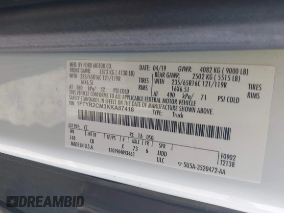 2019 Ford Transit with VIN 1FTYR2CM3KKA87418, listed as a IAAI auction lot 42078907 with 78,075 mi miles. Bid and sale history available at carsss.com. Image 9.