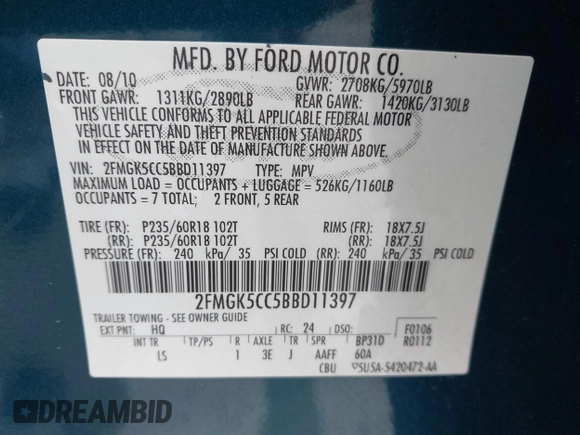 2011 Ford Flex SEL with VIN 2FMGK5CC5BBD11397, listed as a IAAI auction lot 41761523 with 130,392 mi miles. Bid and sale history available at carsss.com. Image 9.