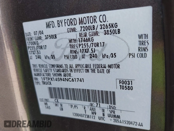 2004 Ford F-150 XLT z VIN 1FTPX14594NC61741, wystawiony jako IAAI lot #42135095 z przebiegiem 184 485 mil mil oraz . Historia ofert i sprzedaży dostępna na DreamBid. Obrazek 9.