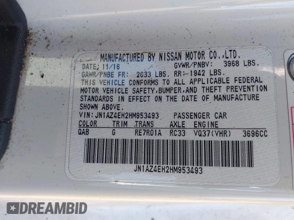 2017 Nissan 370Z with VIN JN1AZ4EH2HM953493, listed as a IAAI auction lot 41228710 with 82,114 mi miles. Bid and sale history available at carsss.com. Image 9.