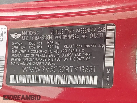2011 MINI Hardtop S with VIN WMWSV3C52BTY13681, listed as a IAAI auction lot 41472000 with 105,754 mi miles and . Bid and sale history available at DreamBid. Image 9.
