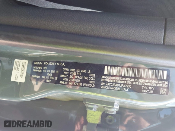 2018 Jeep Renegade Sport with VIN ZACCJBAB1JPJ57230, listed as a IAAI auction lot 42083023 with 87,355 mi miles and . Bid and sale history available at DreamBid. Image 9.