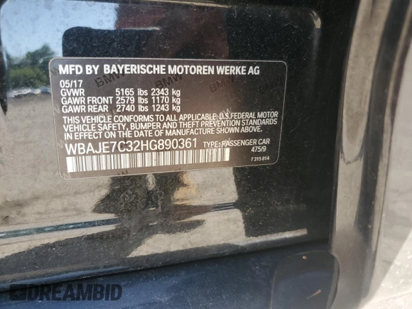 2017 BMW 5 Series 540i xDrive with VIN WBAJE7C32HG890361, listed as a Copart auction lot 62092985 with Not provided miles and Salvage title. Bid and sale history available at DreamBid. Image 13.