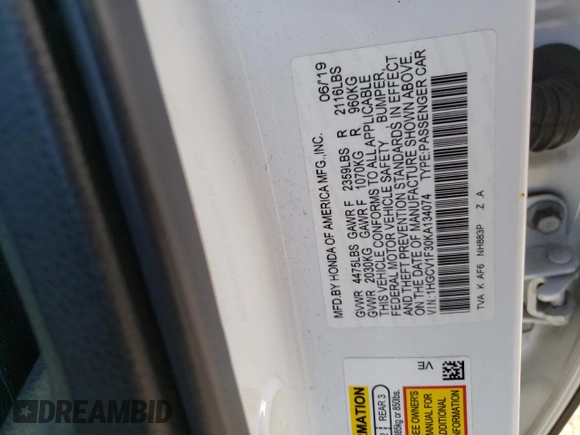 2019 Honda Accord Sedan Sport 1.5T with VIN 1HGCV1F30KA134074, listed as a Copart auction lot 54711475 with 118,789 mi miles and Salvage Title. Bid and sale history available at carsss.com. Image 12.