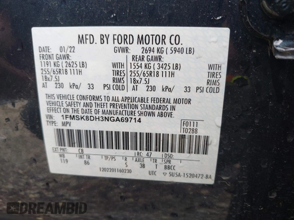 2022 Ford Explorer XLT z VIN 1FMSK8DH3NGA69714, wystawiony jako IAAI lot #42164169 z przebiegiem 53 081 mil mil oraz . Historia ofert i sprzedaży dostępna na DreamBid. Obrazek 9.