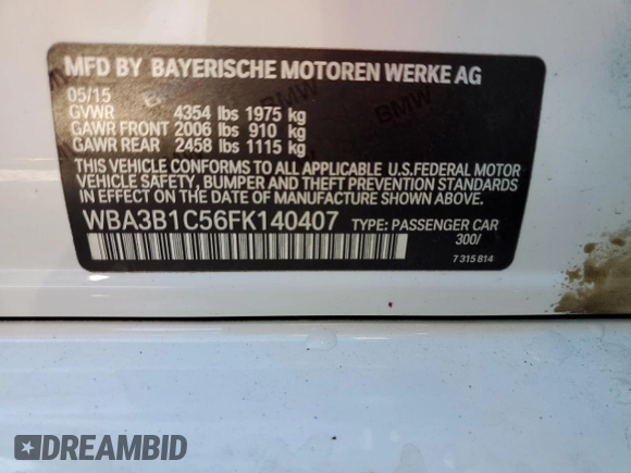 2015 BMW 3 Series 320i with VIN WBA3B1C56FK140407, listed as a Copart auction lot 51576015 with 88,718 mi miles and Salvage title. Bid and sale history available at DreamBid. Image 12.