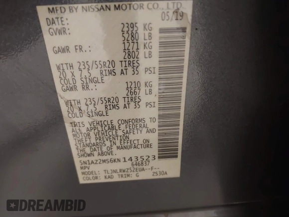 2019 Nissan Murano SL with VIN 5N1AZ2MS6KN143523, listed as a IAAI auction lot 41212120 with 99,812 mi miles and . Bid and sale history available at DreamBid. Image 9.