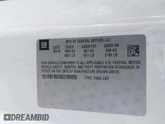 2016 Chevrolet Camaro 1LT with VIN 1G1FB1RX9G0188059, listed as a IAAI auction lot 41685623 with 101,254 mi miles. Bid and sale history available at carsss.com. Image 9.