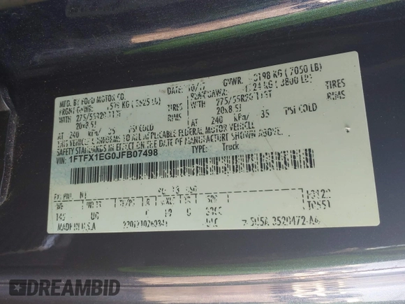 2018 Ford F-150 XL with VIN 1FTFX1EG0JFB07498, listed as a IAAI auction lot 42550647 with 126,637 mi miles and . Bid and sale history available at DreamBid. Image 9.