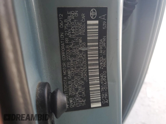 2012 Toyota Prius One with VIN JTDKN3DU3C5477358, listed as a Copart auction lot 54340335 with 166,432 mi miles and Salvage Title. Bid and sale history available at DreamBid. Image 13.