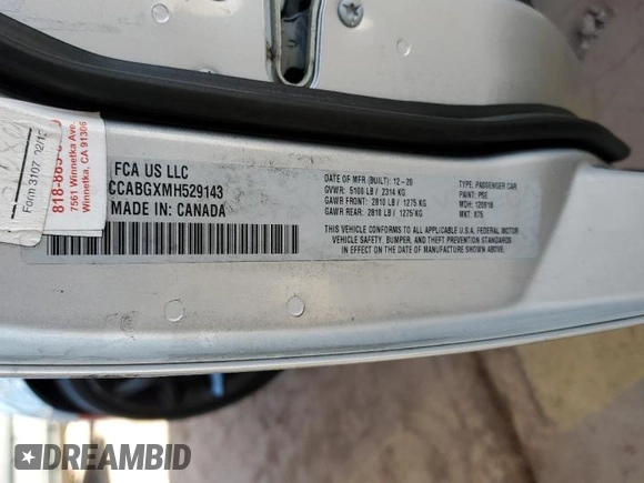 2021 Chrysler 300 S with VIN 2C3CCABGXMH529143, listed as a Copart auction lot 43624295 with 122,639 mi miles and Salvage title. Bid and sale history available at DreamBid. Image 14.