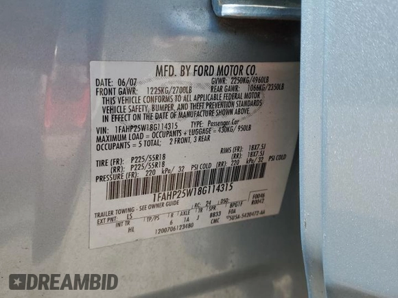 2008 Ford Taurus Limited z VIN 1FAHP25W18G114315, wystawiony jako Copart lot #59950935 z przebiegiem 145 389 mil mil oraz Szkoda całkowita • Salvage title. Historia ofert i sprzedaży dostępna na DreamBid. Obrazek 12.