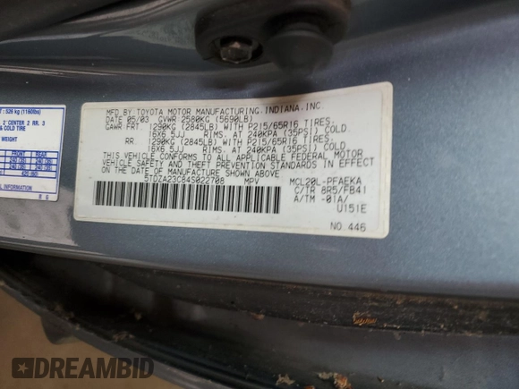 2004 Toyota Sienna CE with VIN 5TDZA23C84S022708, listed as a Copart auction lot 70347683 with 190,585 mi miles and Non Repairable. Bid and sale history available at carsss.com. Image 14.