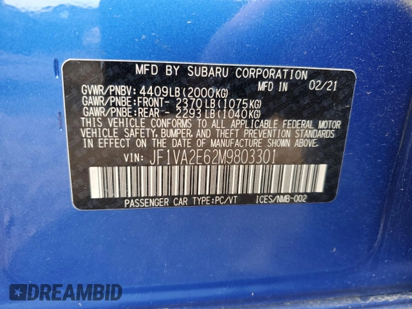 2021 Subaru WRX STI with VIN JF1VA2E62M9803301, listed as a Copart auction lot 59732125 with 24,943 mi miles and Salvage title. Bid and sale history available at DreamBid. Image 12.