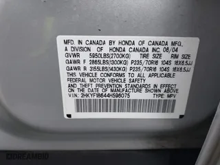 2004 Honda Pilot EX with VIN 2HKYF18644H596075, listed as a IAAI auction lot 41093500 with 92,952 mi miles. Bid and sale history available at carsss.com. Image 9.