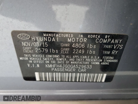 2016 Hyundai Azera Limited with VIN KMHFH4JG0GA529633, listed as a Copart auction lot 55610065 with 130,827 mi miles and Clean title. Bid and sale history available at DreamBid. Image 12.