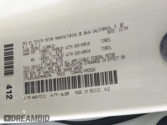 2025 Toyota Tacoma SR with VIN 3TMLB5JN2SM090394, listed as a IAAI auction lot 41916312 with 840 mi miles and . Bid and sale history available at DreamBid. Image 9.