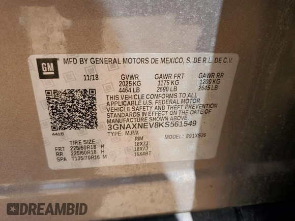 2019 Chevrolet Equinox Premier with VIN 3GNAXNEV8KS561549, listed as a Copart auction lot 54332695 with 124,774 mi miles and Salvage title. Bid and sale history available at DreamBid. Image 13.