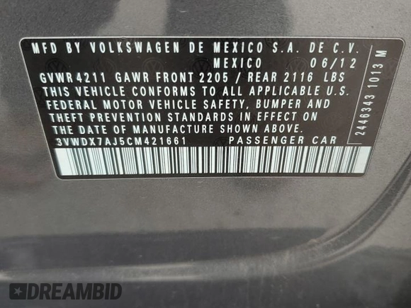 2012 Volkswagen Jetta SE с VIN 3VWDX7AJ5CM421661, выставлен на аукционе Copart как лот 43780175 с пробегом 180 145 миль миль и Списание • Salvage title. История ставок и продаж доступна на DreamBid. Изображение 12.