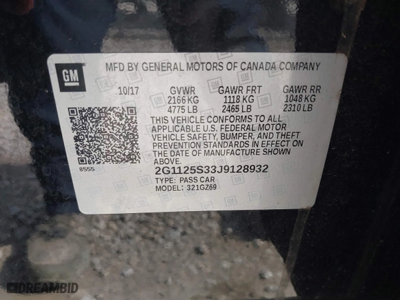 2018 Chevrolet Impala Premier with VIN 2G1125S33J9128932, listed as a IAAI auction lot 42018749 with 54,305 mi miles. Bid and sale history available at carsss.com. Image 9.