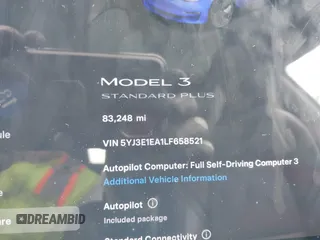 2020 Tesla Model 3 Standard Range Plus with VIN 5YJ3E1EA1LF658521, listed as a IAAI auction lot 41804722 with 83,248 mi miles and . Bid and sale history available at DreamBid. Image 7.