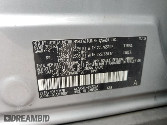 2019 Toyota RAV4 LE with VIN 2T3F1RFV0KW007186, listed as a Copart auction lot 51501435 with 93,105 mi miles and Salvage Title. Bid and sale history available at DreamBid. Image 16.