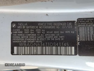 2003 BMW 7 Series 745Li with VIN WBAGN63433DS43345, listed as a Copart auction lot 81220114 with Not Provided miles and Non Repairable. Bid and sale history available at carsss.com. Image 12.