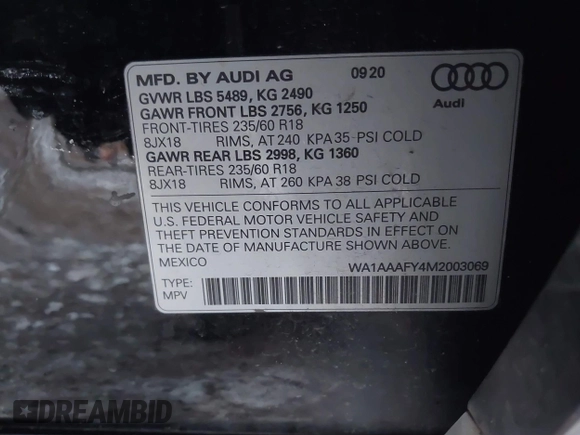 2021 Audi Q5 Premium with VIN WA1AAAFY4M2003069, listed as a IAAI auction lot 41374475 with 1 mi miles. Bid and sale history available at carsss.com. Image 9.