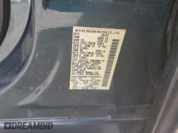 2006 Nissan Armada LE z VIN 5N1AA08A66N704984, wystawiony jako Copart lot #53643095 z przebiegiem 217 337 mil mil oraz Szkoda całkowita • Salvage title. Historia ofert i sprzedaży dostępna na DreamBid. Obrazek 13.