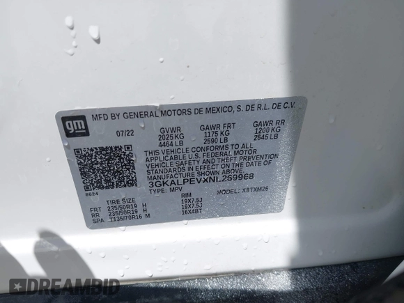 2022 GMC Terrain SLT with VIN 3GKALPEVXNL269968, listed as a IAAI auction lot 42600907 with 39,685 mi miles and . Bid and sale history available at DreamBid. Image 9.