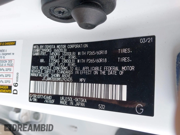 2021 Lexus GX 460 Premium with VIN JTJAM7BXXM5292435, listed as a IAAI auction lot 42388893 with 37,032 mi miles and . Bid and sale history available at DreamBid. Image 9.