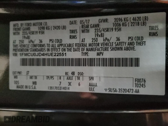 2017 Ford Escape Titanium with VIN 1FMCU0JD4HUE22551, listed as a Copart auction lot 55152455 with 115,653 mi miles and Clean Title. Bid and sale history available at carsss.com. Image 13.
