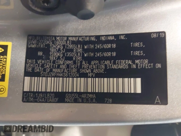2019 Toyota Highlander SE with VIN 5TDJZRFH4KS612004, listed as a IAAI auction lot 42294935 with 47,603 mi miles and . Bid and sale history available at DreamBid. Image 9.