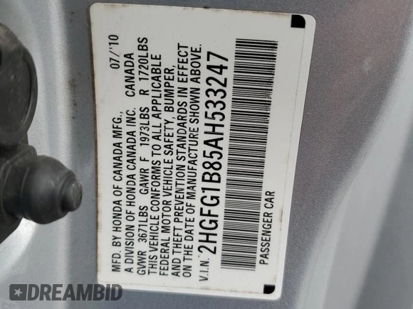 2010 Honda Civic Cpe EX with VIN 2HGFG1B85AH533247, listed as a Copart auction lot 53507695 with 226,677 mi miles and Salvage Title. Bid and sale history available at carsss.com. Image 12.