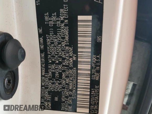 2010 Toyota Sienna XLE with VIN 5TDYK4CCXAS335064, listed as a Copart auction lot 62649665 with 246,327 mi miles and Salvage title. Bid and sale history available at DreamBid. Image 13.