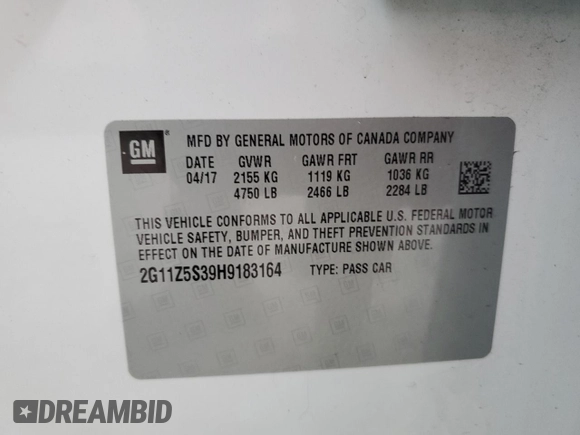2017 Chevrolet Impala LS with VIN 2G11Z5S39H9183164, listed as a Copart auction lot 88370715 with 29,219 mi miles and Salvage Title. Bid and sale history available at DreamBid. Image 15.