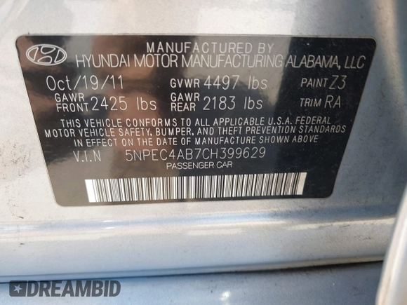 2012 Hyundai Sonata SE with VIN 5NPEC4AB7CH399629, listed as a IAAI auction lot 42094693 with 139,316 mi miles and . Bid and sale history available at DreamBid. Image 9.