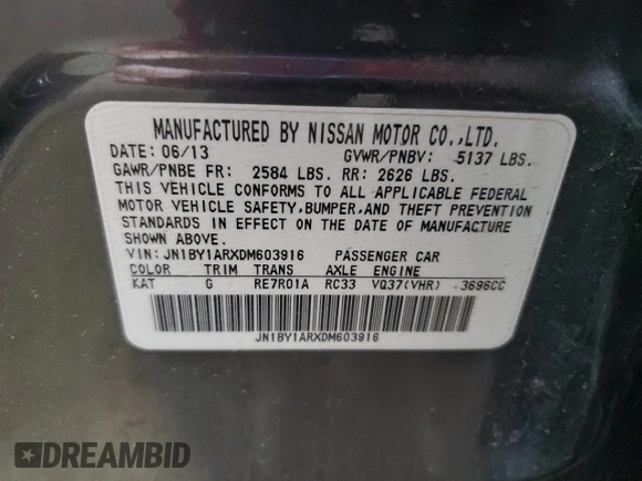2013 Infiniti M with VIN JN1BY1ARXDM603916, listed as a Copart auction lot 61070355 with 166,630 mi miles and Clean title. Bid and sale history available at DreamBid. Image 12.
