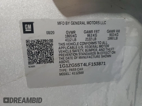 2020 Chevrolet Malibu RS with VIN 1G1ZG5ST4LF153871, listed as a Copart auction lot 52686515 with 95,211 mi miles and Non Repairable. Bid and sale history available at DreamBid. Image 12.