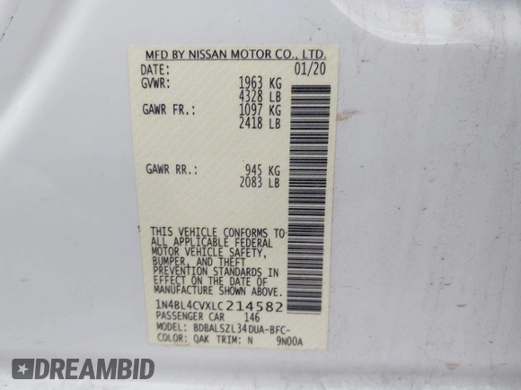 2020 Nissan Altima SR z VIN 1N4BL4CVXLC214582, wystawiony jako IAAI lot #40665527 z przebiegiem 90 224 mil mil oraz . Historia ofert i sprzedaży dostępna na DreamBid. Obrazek 9.