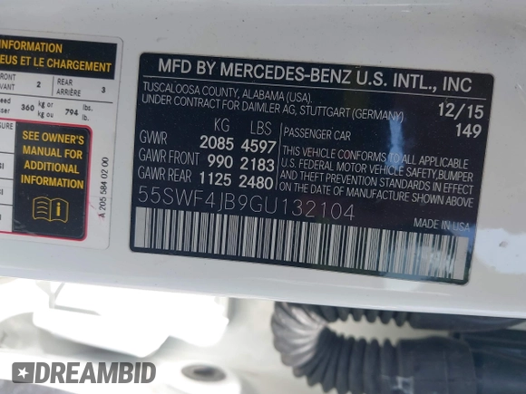 2016 Mercedes-Benz C 300 with VIN 55SWF4JB9GU132104, listed as a IAAI auction lot 42557572 with 188,879 mi miles and . Bid and sale history available at DreamBid. Image 9.