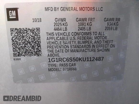 2019 Chevrolet Volt LT with VIN 1G1RC6S50KU112487, listed as a Copart auction lot 65239962 with 0 mi miles. Bid and sale history available at carsss.com. Image 10.