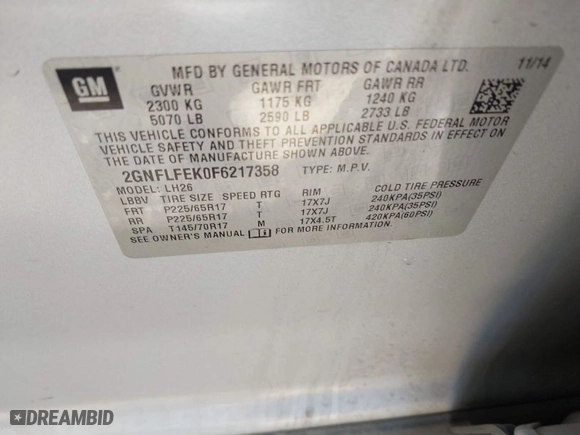 2015 Chevrolet Equinox LT with VIN 2GNFLFEK0F6217358, listed as a IAAI auction lot 41801688 with 149,506 mi miles. Bid and sale history available at carsss.com. Image 9.