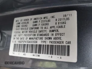2012 Honda Accord LX Premium z VIN 1HGCP2F47CA003556, wystawiony jako IAAI lot #41947825 z przebiegiem 175 514 mil mil oraz . Historia ofert i sprzedaży dostępna na DreamBid. Obrazek 9.