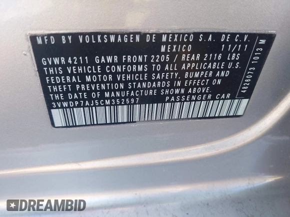 2012 Volkswagen Jetta SE with VIN 3VWDP7AJ5CM352597, listed as a IAAI auction lot 42301441 with 109,248 mi miles and . Bid and sale history available at DreamBid. Image 9.